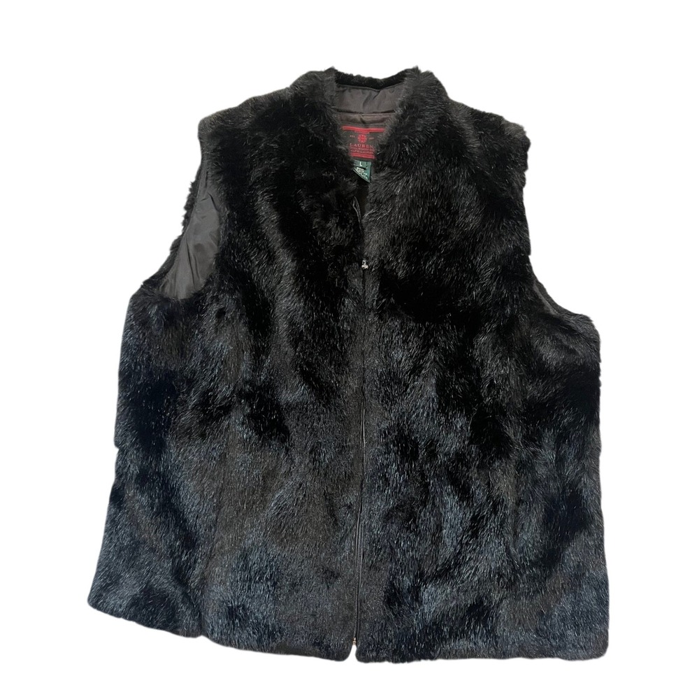 Black Label LAUREN Lauren Ralph Lauren Fur Vest Women's Size L‎ Black Zip Front